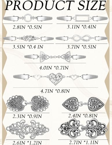 Akeoqi 10Pcs Vintage Sweater Shawl Clips Retro Cardigan Swirl Cape Cloak Collar Clasps Hearts Flowers Geometric Patterns Brooches Dress Jackets Shirt Waist Cincher for Women Men Silver Plated
