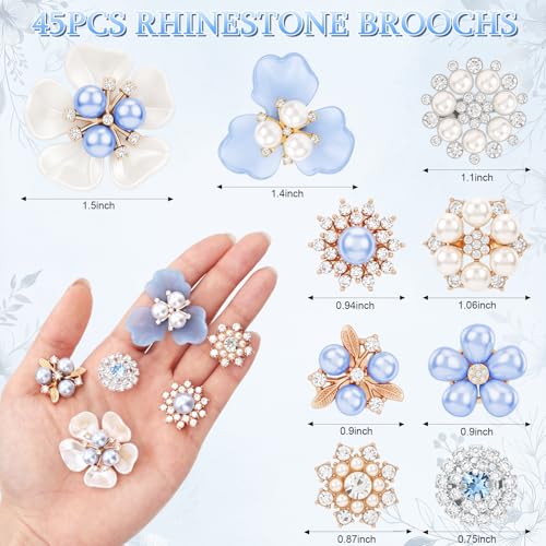 Sureio 45 Pcs Pearl Rhinestone Brooch Lapel Pin Set - color: Blue