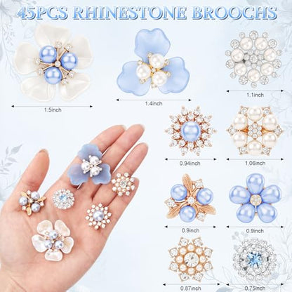 Sureio 45 Pcs Pearl Rhinestone Brooch Lapel Pin Set - color: Blue