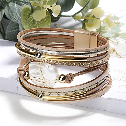 Fesciory Leather Wrap Bracelet for Women, Boho Western Layered Cuff Jewelry | Stackable Bracelets, Easy-On Clasp, Daily Wear, Pairs with Boho Western Outfits, Gift for Women - color: Gold6