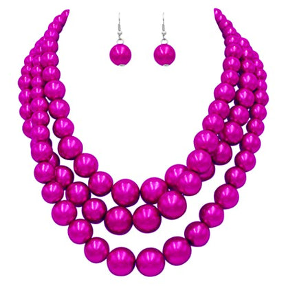Rosemarie & Jubalee Women's 3 Colorful Multi Strands Simulated Pearl Necklace And Earrings Jewelry Gift Set, 18"+3" Extender - color: Metallic Fuchsia Silver Tone