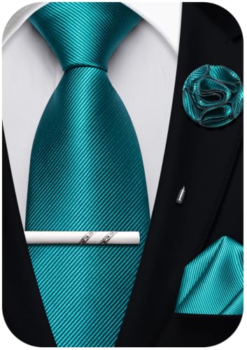 Solid Color Tie and Pocket Square with Tie Clip Lapel Pin Silk Formal Necktie Set Wedding Formal - color: Teal