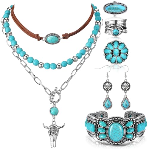 Ecally Bohemian Western Jewelry Turquoise Set Women Country Pendant Long Choker Layered Bracelets Earrings Ring for Women - color: Turquoise, style: Stylish