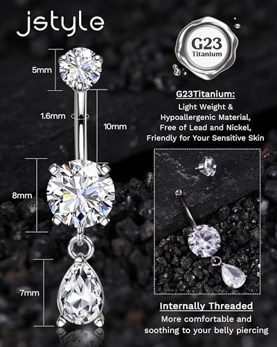 Jstyle G23 Titanium Belly Button Rings for Women 14G Internal Threaded | 14G Dangling Navel Ring, Hypoallergenic Belly Button Bar with Spacking AAAAA+ Cubic Zirconia, 10mm Bar Length Belly Piercing - color: Silver Plated: Teardrop