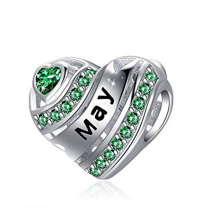 COMORE Birthstone Heart Charms for Charms Bracelet-925 Sterling Silver Love Heart Bead Charms for Bracelets and Necklaces, Birthday Gifts for Women. - style: May