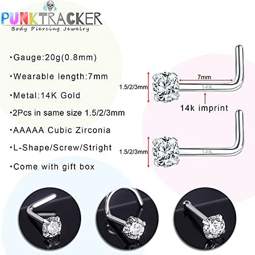 PunkTracker 20g 14K Real Gold Nose Rings CZ Simulated Diamond Nose Studs | Hypoallergenic Nostril Nose Piercing Jewelry for Women Men - color: 2pcs, 1.5mm, L-shape