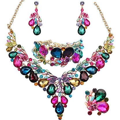 Jewelry Set for Women, Statement Necklace Dangle Earrings Bracelet Ring, White/KC Gold Plated Jewelry Set with Rhinestone Pearl Crystal Wedding Party Jewelry for Bridal Bridesmaid - color: Multicolor-Gold Plated