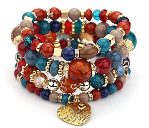 Women Beaded Bracelet Set | Colorful Boho Stackable Trendy Design with Crystal Accents Multilayer Bangle Bracelet | Fashion Stretch Braclets Jewelry for Women - color: Red