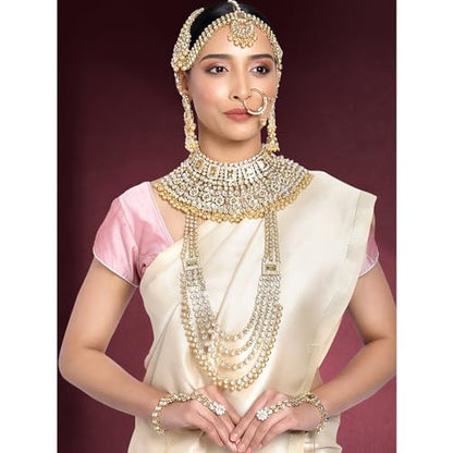 Aheli Traditional Wedding Indian Bharatanatyam jewellery set Long Choker Necklace Earrings Maang Tikka Nath Paasa Hath Phool for Women - color: Champagne