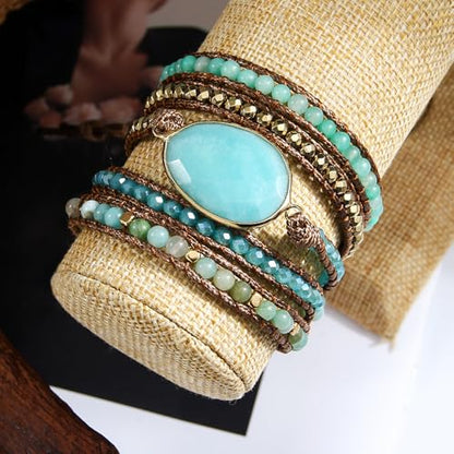 Women Wrap Bracelet Boho Natural Jasper Crystal Stone Beads Strand Bracelets - color: Style 05-Amazonite #2