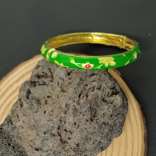 Cloisonne Bracelet For Women, Chunky Bangle Trendy Cute Flower Enamel Bangles Multi Tone Engraved Cuff Gold Plated Bracelets Stackable Wife Jewelry Friendship Gift - color: Emerald Green