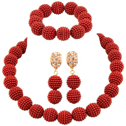 Nigerian Wedding African Beads Jewelry Set Women Simulated Pearl Necklace and Earrings - color: Dark Red