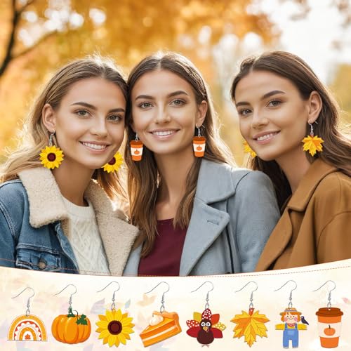 8 Pairs Fall Acrylic Earrings for Women Thanksgiving Dangle Jewelry | Pumpkin Sunflower Maple Leaf Earrings, Fall Thanksgiving Autumn Jewelry Gifts Party Accessories, Lightweight, Double Side - style: Fall Thanksgiving