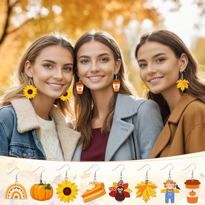8 Pairs Fall Acrylic Earrings for Women Thanksgiving Dangle Jewelry | Pumpkin Sunflower Maple Leaf Earrings, Fall Thanksgiving Autumn Jewelry Gifts Party Accessories, Lightweight, Double Side - style: Fall Thanksgiving