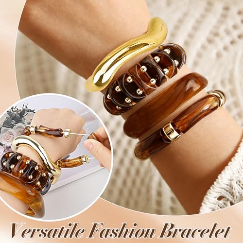 Acrylic Resin Bangle Bracelets for Women | Chunky Boho Stackable Geometric & Marbled Statement Jewelry | Lightweight Everyday Gift Set - color: brown