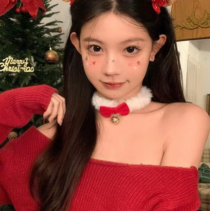 CJIAYUJEW Red Bow Velvet Choker Necklace Sexy Faux Fur Collar Bowtie Long Wrap Rope Neck Chain with Gold Pendant Bell Party Neck Accessories for Women - color: A