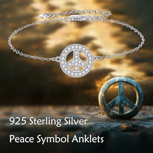 925 Sterling Silver Anklet Foot Bracelet with Crystal from Austria, Anklet Jewelry Gifts for Women 11 Inch Adjustable - style: Peace Sign