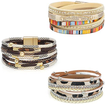 Wowanoo 3Pack Leather Cuff Bracelet Set Multilayer Wrap Bracelet Crystal Feather Tree Bracelet Magnetic Clasp Bracelet for Women - color: Colorful