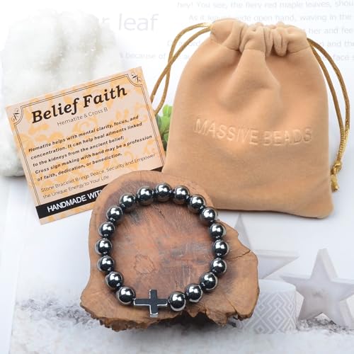 MASSIVE BEADS Handmade Yoga Stretch Elastic Bracelet Natural Stone Crystal Healing Power Energy Gifts for Unisex Adult 4mm 6mm 8mm 10mm - color: BELIEF FAITH(Hematite and Cross B), size: 10mm