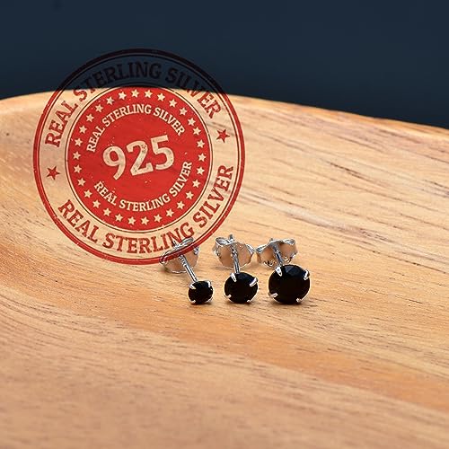 3 Pairs Color Zirconia Earrings Studs, Sterling Silver Studs Earrings Set 3MM 4MM 5MM - color: Black