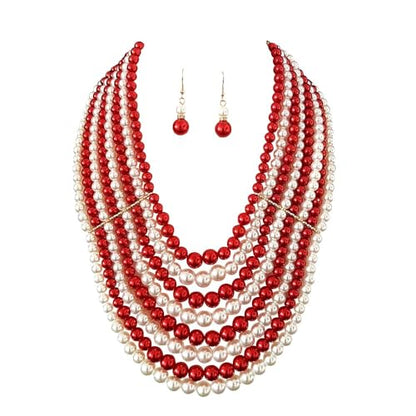 Multilayer Strand Chain Faux Pearls Flapper Beads Cluster Long Choker Necklace - color: Red Necklace