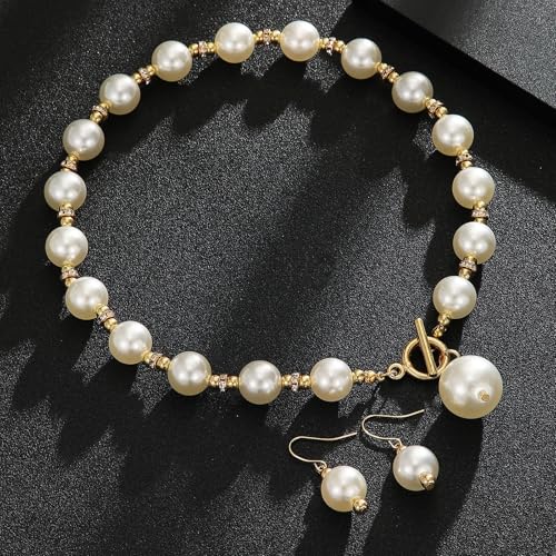 Elegant Minimalist Faux Pearl Jewelry Set for Women - 3-Piece Classic Stud Earrings, Necklace & Bracelet, Timeless Beaded Set for Daily Wear & Special Occasions
