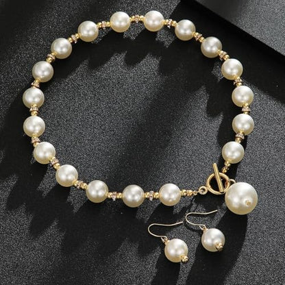 Elegant Minimalist Faux Pearl Jewelry Set for Women - 3-Piece Classic Stud Earrings, Necklace & Bracelet, Timeless Beaded Set for Daily Wear & Special Occasions