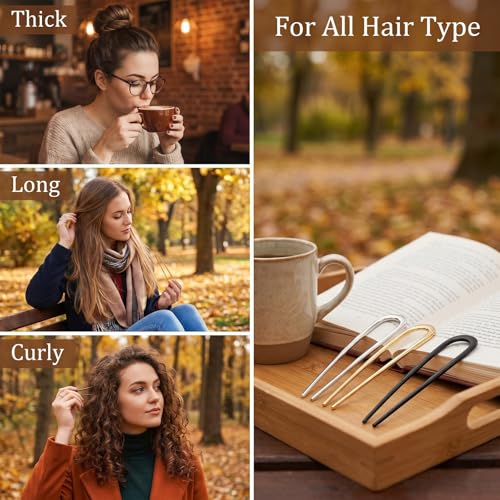 3PCS French Hair Pins for Women, U-Shaped Metal Hair Sticks for French Twist Bun Updo, Decorative Hair Forks for Thick Hair, Gold Silver Black Hair Clips Accessories