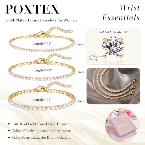 925 Sterling Silver Bracelets for Women Stack, Trendy Tennis Bangle Cuff Jewelry Set 14K Gold Plated, Adjustable Bracelet Set for Wrist Essentials, Women Fashion Watch Band Acecessories - style: Bracelet_3pcs(Gold Tennis Set)