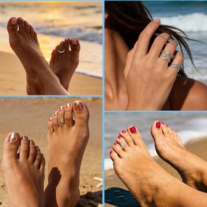 3PCS Toe Rings for Women 14K Gold Filled Adjustable Toe Ring Set Cute CZ Leaf Double Band Open Toe Rings Sterling Silver Plated Hawaiian Beach Summer Foot Jewelry - color: A-Silver