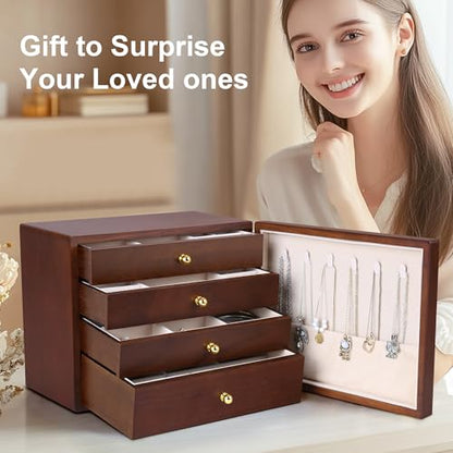 Kendal Wooden Jewelry Box for Women, Wooden Jewelry Organizer, 4-Layer Jewelry Organizer Box with Side Door, Single Door Jewelry Holder Organizer for Earrings, Necklaces, Rings