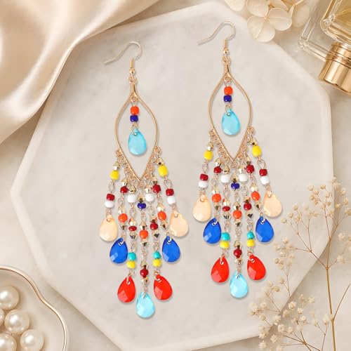 Boho Chandelier Earrings, Beaded Tasse Dangle Earring for Women, Red, Black, Blue, White, Colorful Long Earrings - color: Colorful