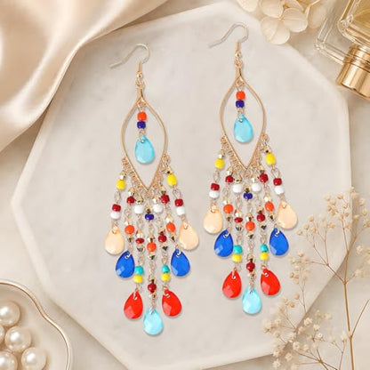 Boho Chandelier Earrings, Beaded Tasse Dangle Earring for Women, Red, Black, Blue, White, Colorful Long Earrings - color: Colorful