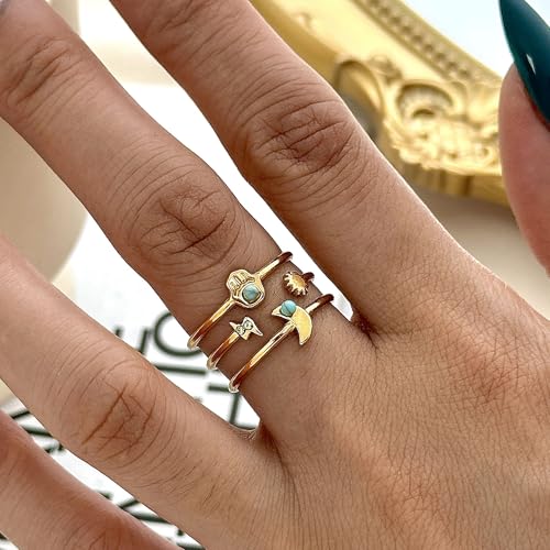 Todenb Turquoise Ring for Women，Gold Western Turquoise Open Ring Boho Stainless Steel Moon and Star Band Wrap Knuckle Rings Western Country Fashion Jewelry Accessories - color: moon
