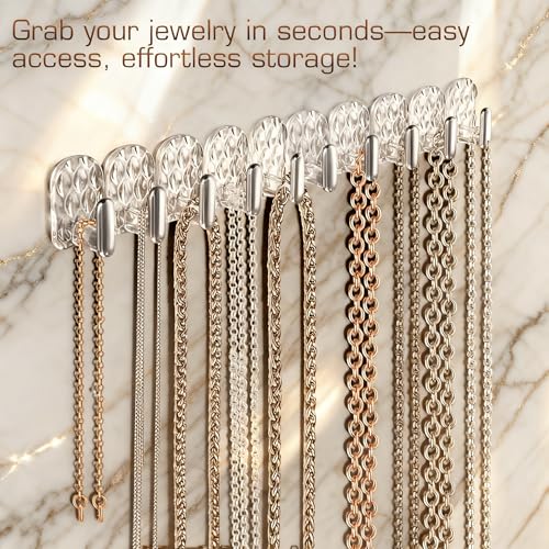 Gesodant 6 Pack Hanging Jewelry Organizer, Self-Adhesive Jewelry Hooks, Clear Wall Mounted Jewelry Hanger, Necklace Display Holder, 30 Hooks in Total