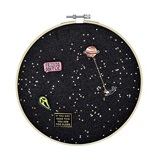 Wall Hanging Brooch Jewelry Storage Display Stand Enamel Pin Display Holder Earrings Necklace Glitter Pin Display Board with stars, Pin Collection Display, Canvas/leather Embroidery Hoop (Black) - color: Black