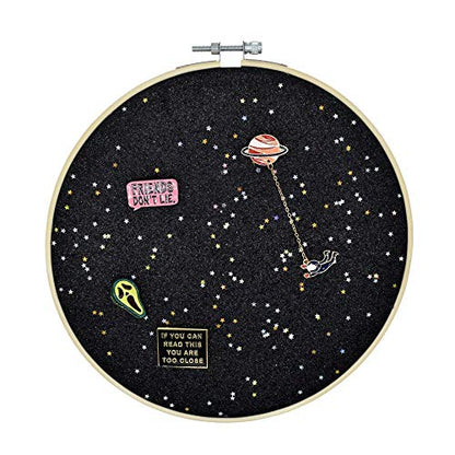 Wall Hanging Brooch Jewelry Storage Display Stand Enamel Pin Display Holder Earrings Necklace Glitter Pin Display Board with stars, Pin Collection Display, Canvas/leather Embroidery Hoop (Black) - color: Black