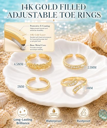 4Pcs Toe Rings for Women Non Tarnish 14K Gold Filled Toe Ring Adjustable Flower CZ Band Wave Dainty Toe Ring Summer Beach Open Toe Rings Set Waterproof Toe Jewelry Foot Jewelry - color: Gold hug