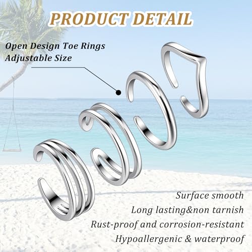 4Pcs Sterling Silver Plated Minimalist Toe Rings Set for Women Adjustable Open Band Summer Beach Foot Jewelry