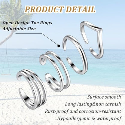4Pcs Sterling Silver Plated Minimalist Toe Rings Set for Women Adjustable Open Band Summer Beach Foot Jewelry
