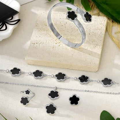 Lucky Flower Alloy Jewelry, Lucky Flower Design Necklace Earrings Bracelet Bangle Ring Jewelry Set, Clover Gold Plated Chain Wrap Ornament & Plush Pouch for Women - color: Silver