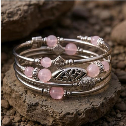 Boho Wrap Beaded Bracelet for Women – Handmade Natural Stone Jewelry – Stainless Steel Adjustable Ethnic Chic Gift - color: Pink Crystal