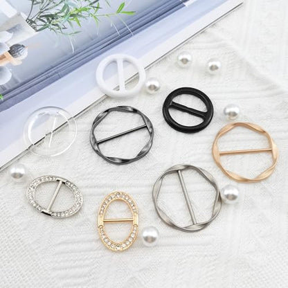 Quacc 8 PCS Silk Scarf Clips T-shirt Tie Clips for Women, Clothes Corner Knotted Button Fashion Alloy Round Clasp Circle Clip Buckle Rhinestone Oval Clothing Wrap Holder (3 Sizes)
