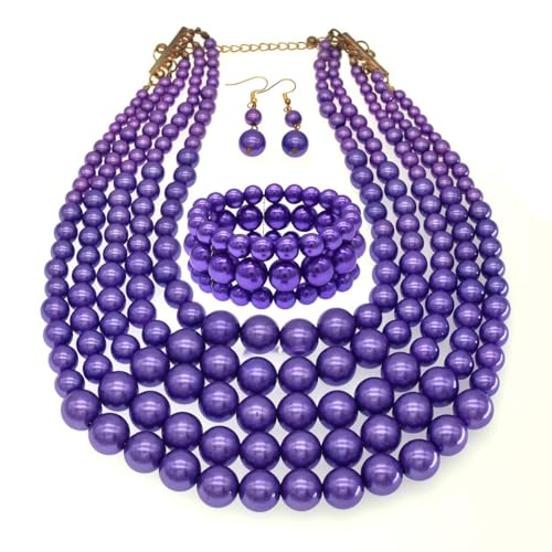 Faux Big Pearl Srand Necklaces for Women 5 Layers Pearls Choker Bib Collar Necklace Bracelet and Earrings set 1920s Costume Pearl Jewelry Bridal Wedding - color: purple
