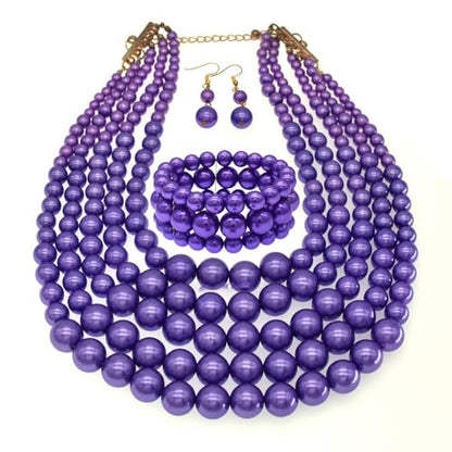 Faux Big Pearl Srand Necklaces for Women 5 Layers Pearls Choker Bib Collar Necklace Bracelet and Earrings set 1920s Costume Pearl Jewelry Bridal Wedding - color: purple