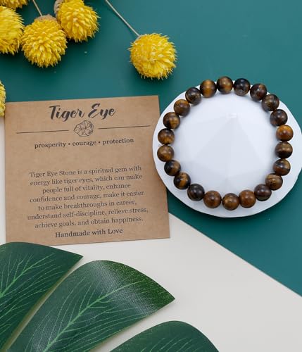 BOMAIL Natural Stone Beaded Bracelet for Women Men | 8mm Round Beads,Healing Crystal,Semi-Precious Gemstone,Yoga,Stretch,Bracelets Jewelry Gift - color: Tiger Eye Stone