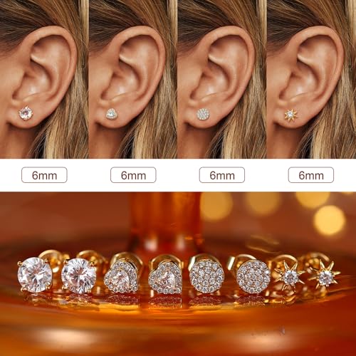 SAILIMUE Hypoallergenic Sterling Silver Stud Earrings for Women Men | Brilliant Heart Knot Round Cubic Zirconia Earring Studs for Sensitive Ears Gold Silver Tone - color: gold-A
