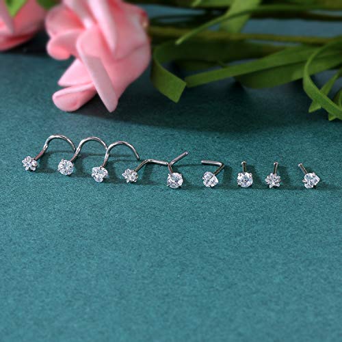ZS 20G Nose Stud Rings Set, Stainless Steel CZ Nose Piercing Jewelry | Hypoallergenic Nose Bone Rings, L Shaped & Screw Nose Studs, 3mm CZ Stone Nostril Jewelry for Women Men - color: 9pcs Mixed style(White)