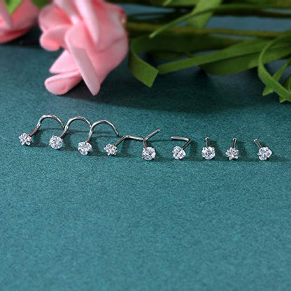 ZS 20G Nose Stud Rings Set, Stainless Steel CZ Nose Piercing Jewelry | Hypoallergenic Nose Bone Rings, L Shaped & Screw Nose Studs, 3mm CZ Stone Nostril Jewelry for Women Men - color: 9pcs Mixed style(White)