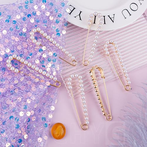 10 Pack Faux Pearl Safety Pins Sweater Shawl Clip Brooches for Sewing Clothes (Gold)
